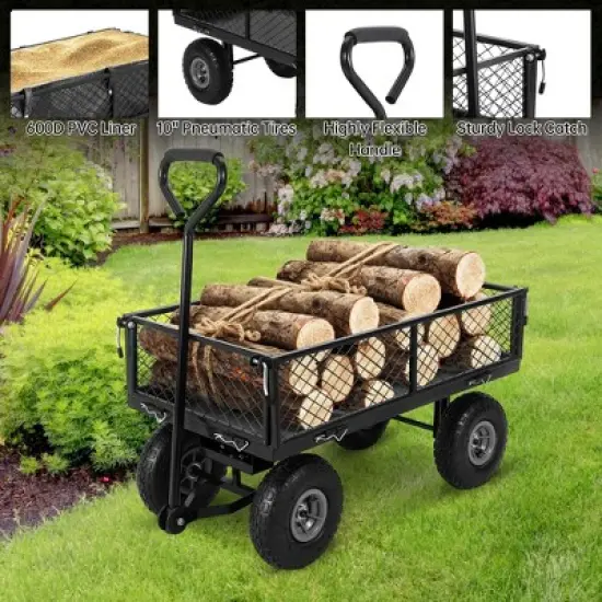500 Lbs Capacity Heavy Duty Mesh Steel Garden Cart, Folding Utility Cart w/Removable Side Nets & 10 in Pneumatic Tires for Gardens, Lawns, Yards image {2}