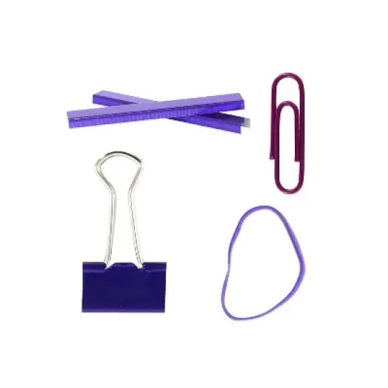 JAM Paper Desk Supply Assortment Purple 1 Rubber Bands 1 Small Binder Clips 1 Staples & 1 Small image {1}