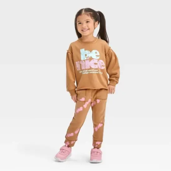 Grayson Mini Toddler Girls' 'Be Nice' French Terry Puff Sleeve Crewneck Sweatshirt - Brown image {2}