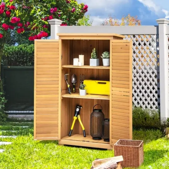 Costway Outdoor Fir Wood Storage Shed Garden Tool Cabinet Locker Tall Vertical Organizer image {1}