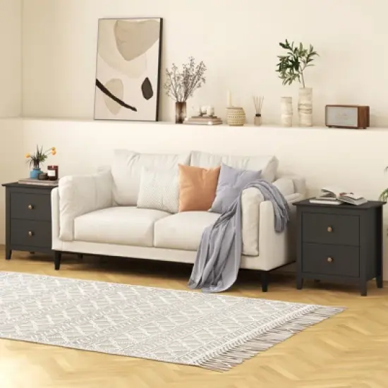 Tangkula 2PCS Modern Nightstand w/ Storage 2 Drawers & Support Legs for Bedroom Black image {1}