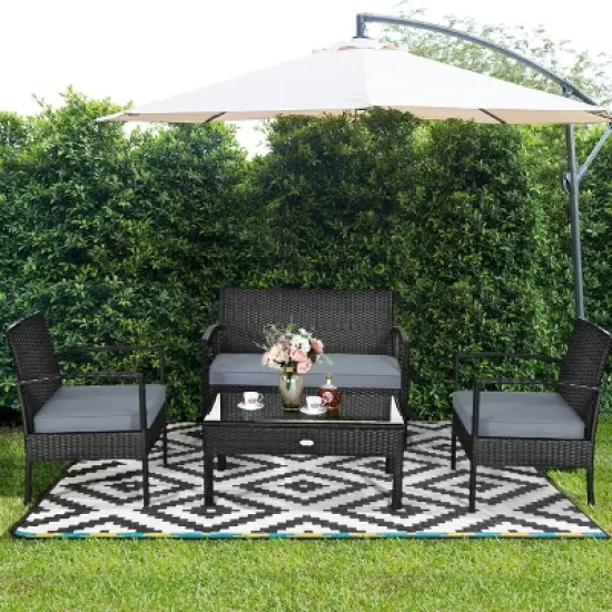 Tangkula 4PCS Rattan Wicker Outdoor Patio Conversation Set Cushioned Sofa Coffee Table image {2}