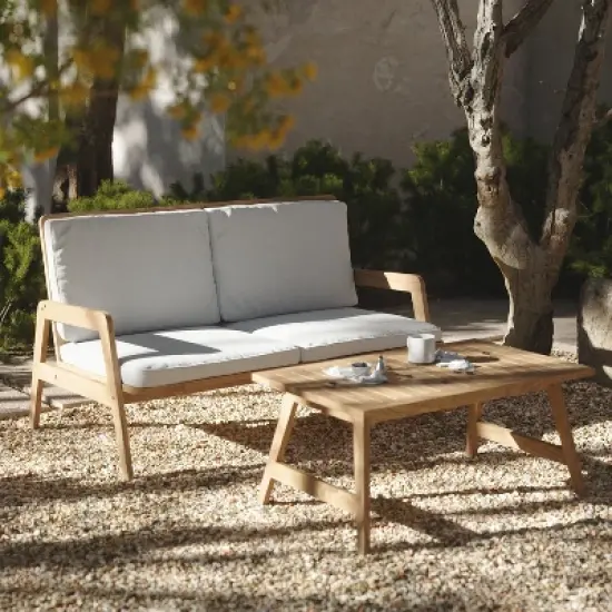 LuxenHome Outdoor Acacia Wood Coffee Table and Loveseat with Cushions image {1}