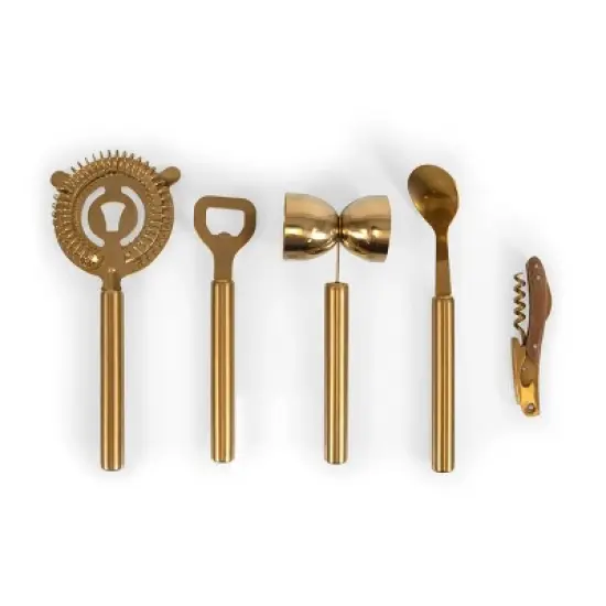 6pc Stainless Steel Sidecar Bar Tool Set - Picnic Time: Barware Set with Storage Case, Brass Plated Finish image {2}