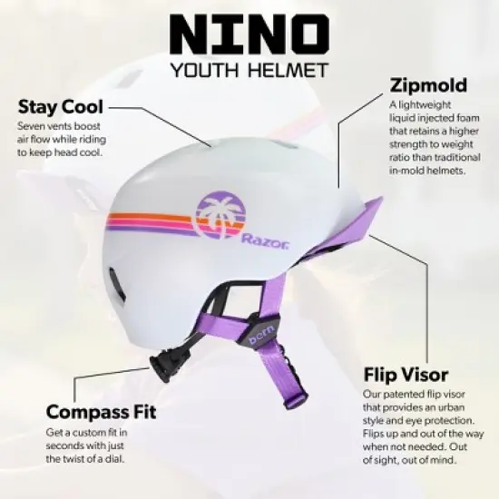 BERN Nino Razor Kids Bike & Skate Helmet &ndash; S/M &ndash; Satin White Purple Sunset &ndash; Flip Visor, Lightweight, Multi-Sport Protection, Adjustable Fit image {1}