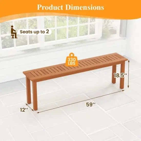 Costway 59" Long Patio Dining Bench with Teak Oil Finish & Slat Seat Accent Entryway Bench image {2}