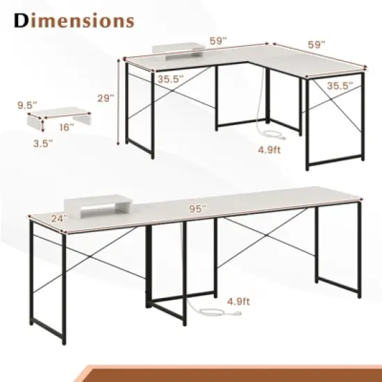 Tangkula L-Shaped Computer Desk with Power Outlets 95&rdquo; Long 2-Person Desk with Monitor Shelf Modern Corner Desk Gaming Table with USB Ports White image {9}