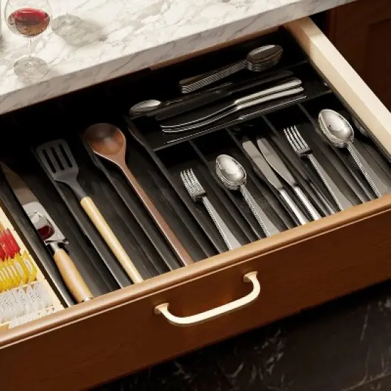 Bamboo Silverware Drawer Organizer with Labels, Expandable(Black, 10 Slots) image {6}