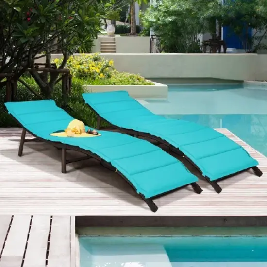 Tangkula 2PCS Outdoor Patio Rattan Wicker Lounge Chair Chaise Folding W/Cushions Turquoise image {2}