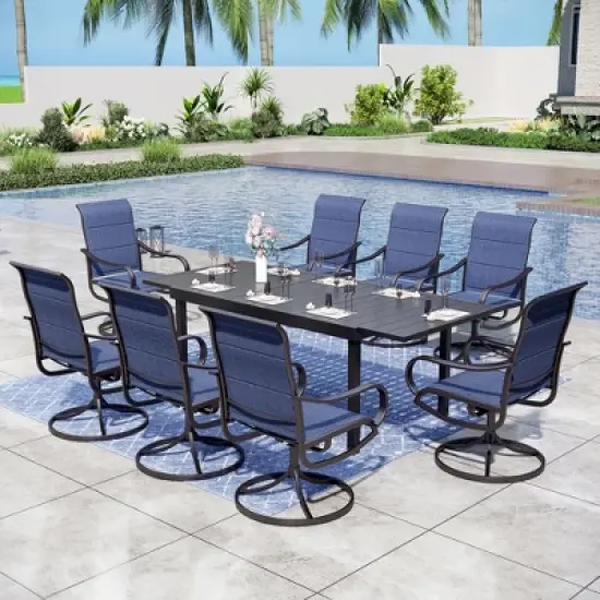 Captiva Designs 9pc Patio Dining Set with Slat-top Adjustable Steel Rectangle Table & Padded Textilene Swivel Chairs image {15}