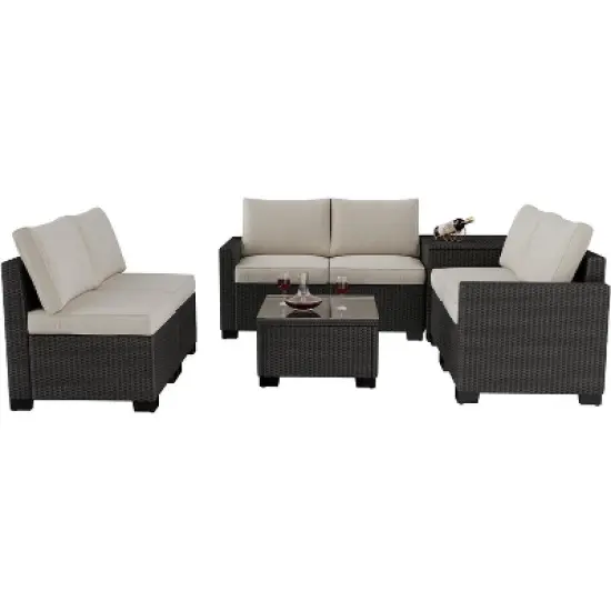 Garvee 8-Piece Outdoor Patio Furniture Set - 6 Seat Rattan Patio Conversation Sets with Glass Coffee Table and Hidden Storage Box image {7}