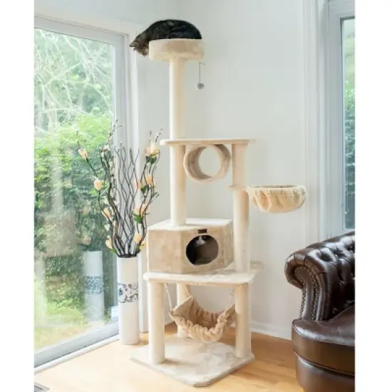Armarkat 72" H Pet Real Wood Cat Tower, Tower EntertaInment Furniture With Lounge Basket, Perch, A7204 image {2}