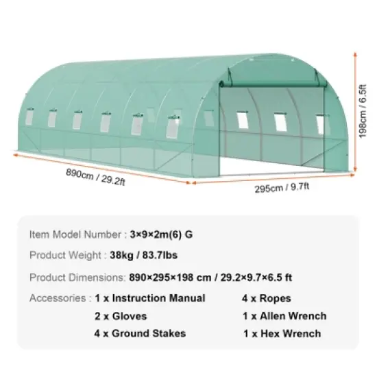 VEVOR Walk-in Tunnel Greenhouse, 29.2x9.7x6.5 ft Hoop House Greenhouse Tunnel with Galvanized Steel Frame, Green PE Cover, 12 Windows image {7}