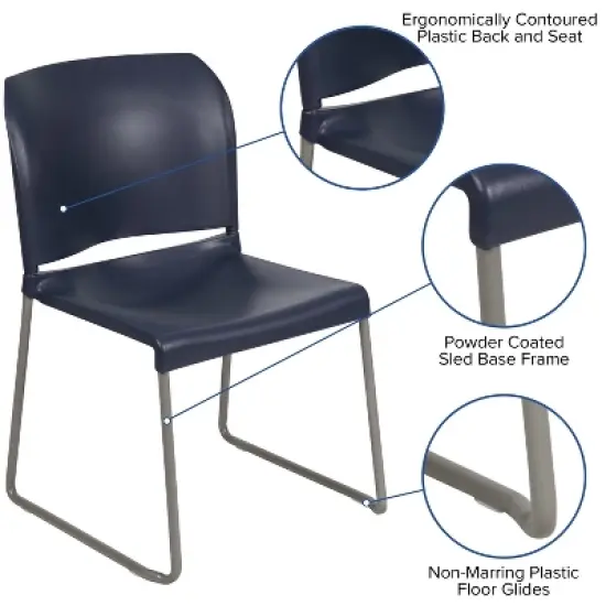 Flash Furniture HERCULES Series 880 lb. Capacity Navy Full Back Contoured Stack Chair with Gray Powder Coated Sled Base image {4}