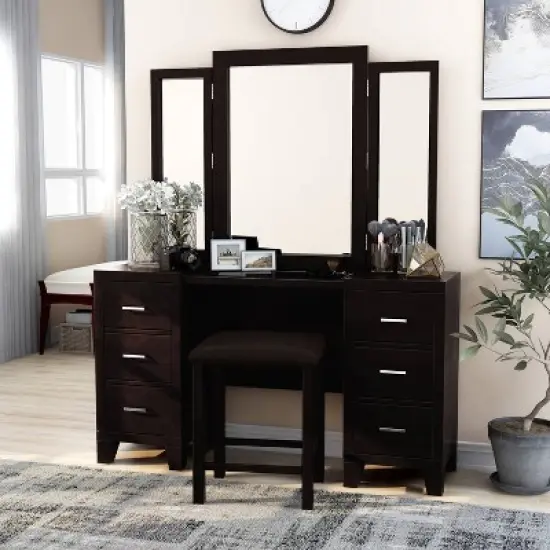 3pc Scrugham Contemporary 6 Drawer Vanity with Barstool Espresso - miBasics image {1}