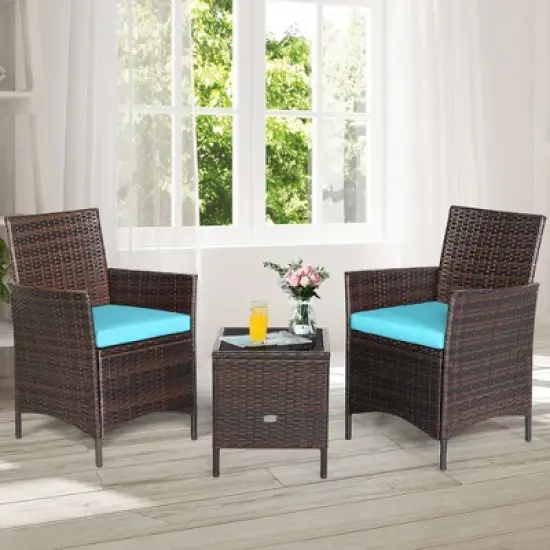 Costway 3PCS Patio Rattan Furniture Set Cushioned Sofa Glass Tabletop Deck Red\Blue\ White image {1}