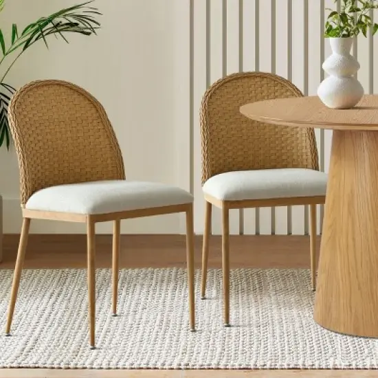 Rattan Dining Room Chair, Linen Dining Chair with Double Layer Rattan Back, Cane Dining Chair with Metal Legs - Maison Boucle image {8}