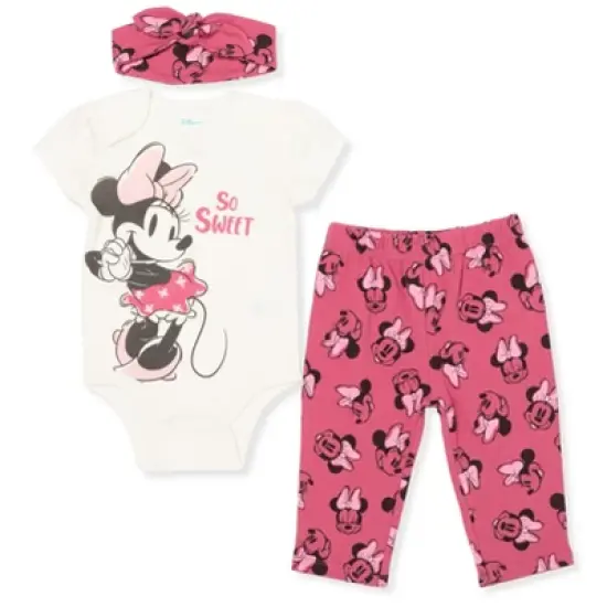 Disney Minnie Mouse Mickey Mouse Marie Baby Girls Bodysuit Pants and Headband 3 Piece Outfit Set Newborn to Infant image {9}