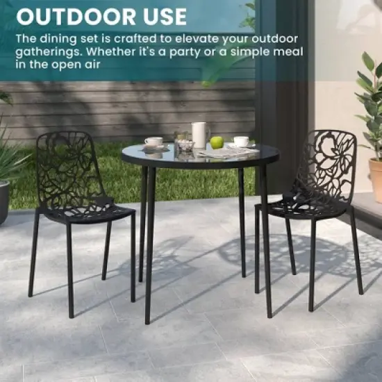 LeisureMod Devon 3-Piece Aluminum Outdoor Patio Dining Set with Tempered Glass Top Table and 2 Stackable Flower Design Chairs image {2}