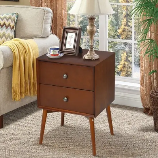 Costway 2PCS Nightstand Mid-Century End Side Table 2 Drawer Rubber Wood Legs Living Room image {2}