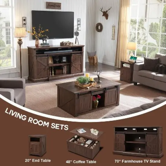 Nightstand with Charging Station, 20" Farmhouse End Table w/Groove Barn Door & Adjustable Shlef for Bedroom image {5}