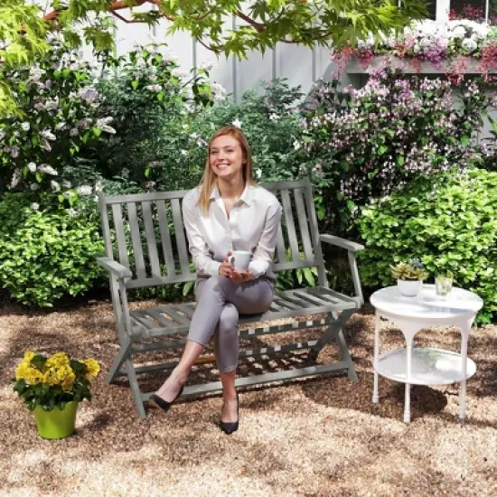 Outsunny 2-Person Foldable Wood Outdoor Bench with Backrest and Armrests for Patio, Garden, Porch, Park, Balcony, Gray image {1}