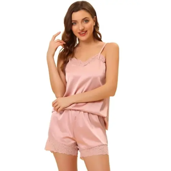 Allegra K Women's Satin Lace Trim Cami Tops with Shorts Lounge Pajama Set image {6}