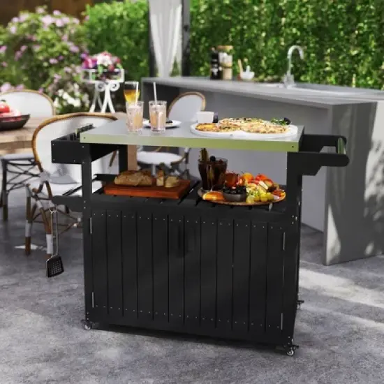 Outsunny Outdoor Bar Cart with Storage, Stainless Steel Top, HDPE Outdoor Kitchen Cart on Wheels, Outdoor Bar Table Beverage Food Prep Station image {2}