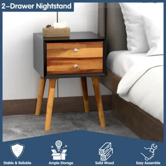 Tangkula Wooden Nightstand with 2 Storage Drawers Accent End Side Table for Bedroom&Living room image {6}