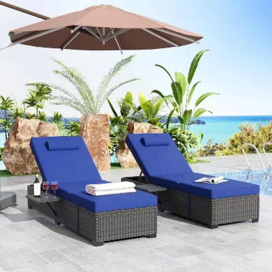 2 PCS Patio Chaise Lounge Chairs, Recliner Chairs with Side Foldable Tabletop, Reclining Chair with Adjustable Backrest Cushions for Poolside image {9}
