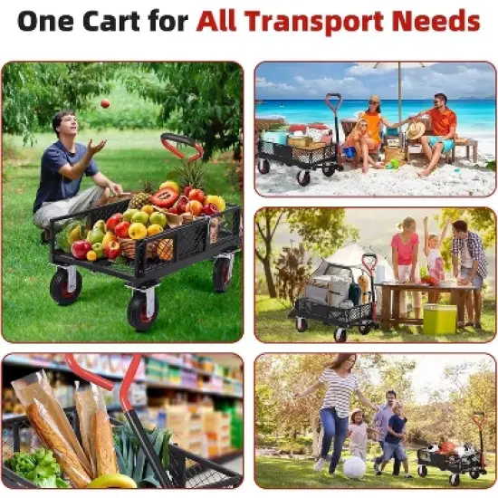 Acekool Foldable Steel Garden Cart, 360lbs Capacity, Removable Mesh Sides, 6" All-Terrain Wheels, 180&deg; Rotating Handle, Yard Utility Wagon image {5}