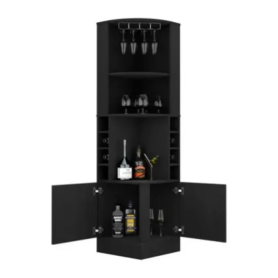 Gulches Corner Wine and Glass Storage Unit with 8 Bottle Cubbies, 12 Capacity Stemware Rack, 2 Open Shelves, 2 Door Cabinet Easy Assembly image {7}