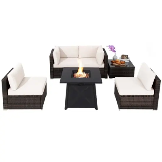 Tangkula 6-Piece Patio Furniture Set w/ 30" Propane Fire Pit Table Outdoor PE Wicker Conversation Set w/ Cushions &Tempered Glass Coffee Table image {14}