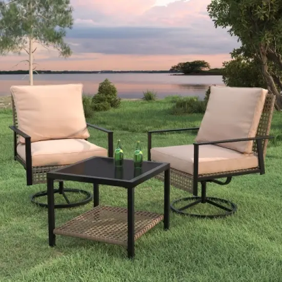 Ainfox 3 Pieces Patio Wicker Chairs Swivel Rocker image {2}