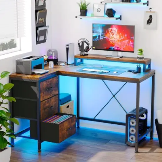 L Shaped Desk with Power Outlets & LED Lights, Computer Desk with Drawers & Shelves, Corner Desk Gaming Desk Home Office Desk image {7}