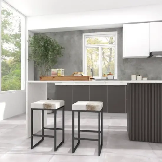 Industrial Cowhide and Metal Counter Height Barstool Gray - Olivia & May image {14}