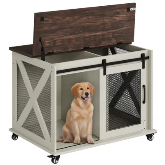 Garvee Indoor Dog Crate Furniture with Sliding Barn Door, Flip Top, Dog Crate End Table with Wheels, Removable Divider, Dog House image {10}