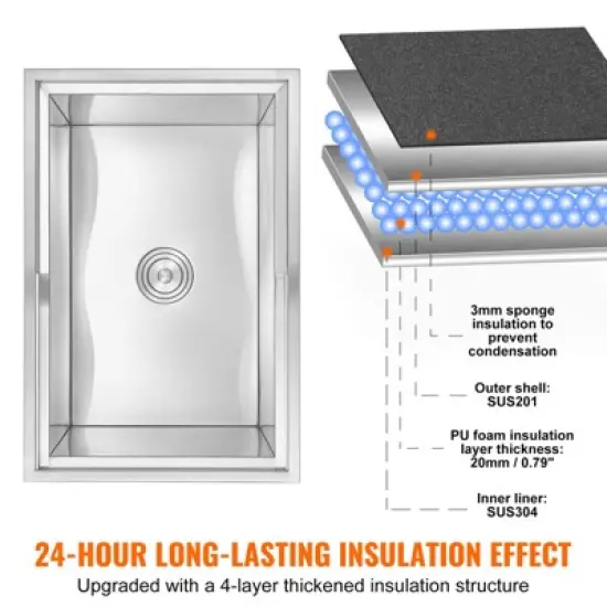 VEVOR Drop in Ice Chest, 27"L x 18"W x 21"H Stainless Steel Ice Cooler, Commercial Ice Bin with Sliding Cover, 40.9 qt Outdoor Kitchen Ice Bar image {3}