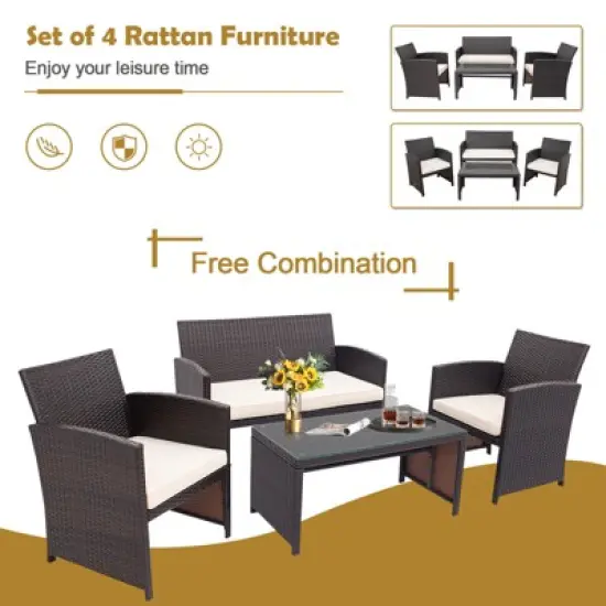 Tangkula 4PCS Outdoor Patio Furniture Sets Weather-Resistant Rattan Sofas w/ Soft Cushion White image {4}