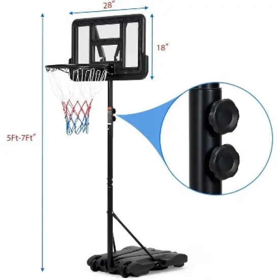 Kids Basketball Hoop,Outdoor Portable Adjustable Basketball Goal System w/ 2 Wheels, 5-7 Ft Swimming Pool Basketball Hoop Outdoor 28in Backboard image {3}