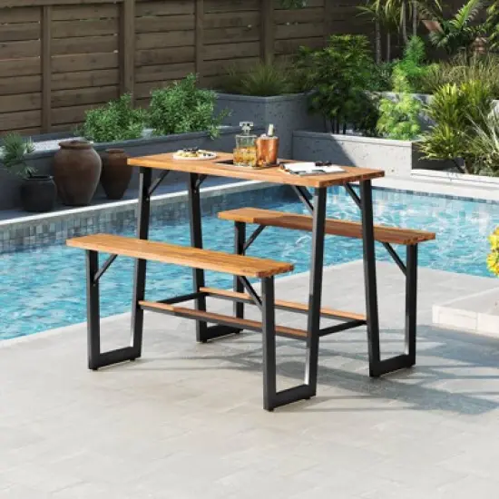 Costway Patio Picnic Table Bench Set with Acacia Wood Tabletop Benchtop Built-in Footrests image {3}
