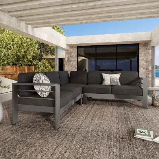 Outdoor L-Shaped Sectional Sofa, Modern Slatted Design 4-Seater Sofa, Sectional Sofa with Aluminum Frame and Polyester Cushion-Coolbibila image {2}