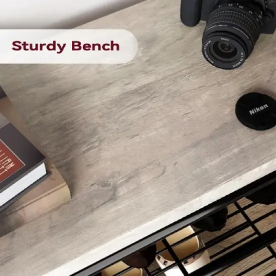 Narrow Hall Tree Storage Bench, 4-in-1 Coat Rack with 3-Tier Shelf and 8 Hooks, Rustic Grey image {6}