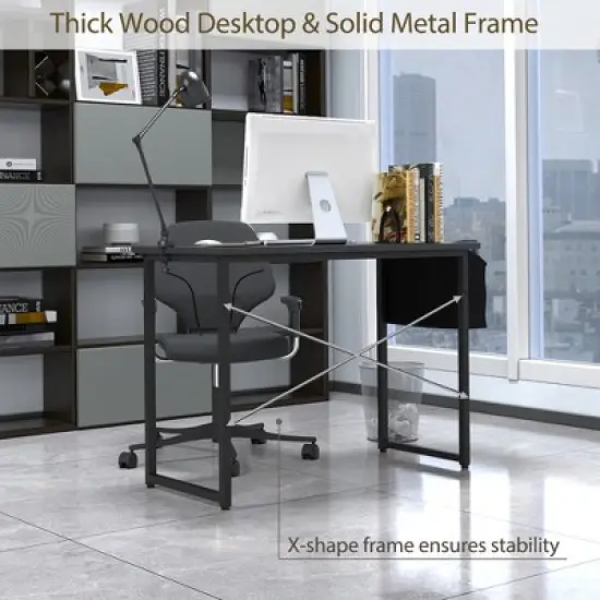 Costway 40''Modern Computer Desk Study Writing Table w/ Storage Bag Black/Coffee/Brown image {7}