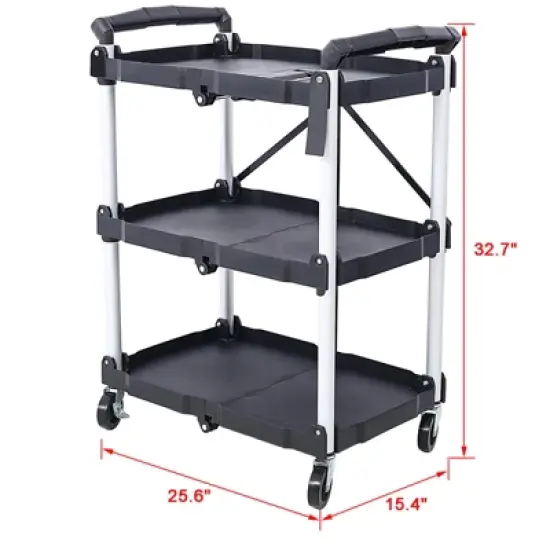 3 Layers Cart Fold Up Rolling Cart Service Trolley for Office Warehouse 50 Pounds Load Capacity Per Shelf image {4}