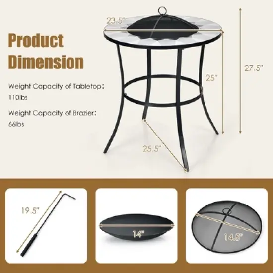 Costway 23.5'' Round Fire Pit Table Wood Burning Heater W/ Mesh Cover & Fire Poker image {5}