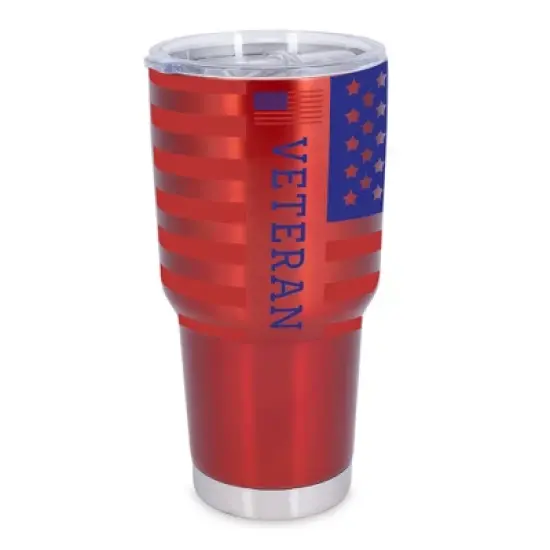 100 North 30 Ounce Stainless Steel On the Go Travel Tumbler With Push Top Lid, American Flag Veteran Red image {5}