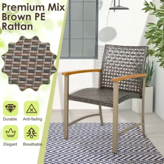 Costway Set of 4 Patio Dining Chairs Outdoor Wicker Armchairs with Acacia Wood Armrests image {5}