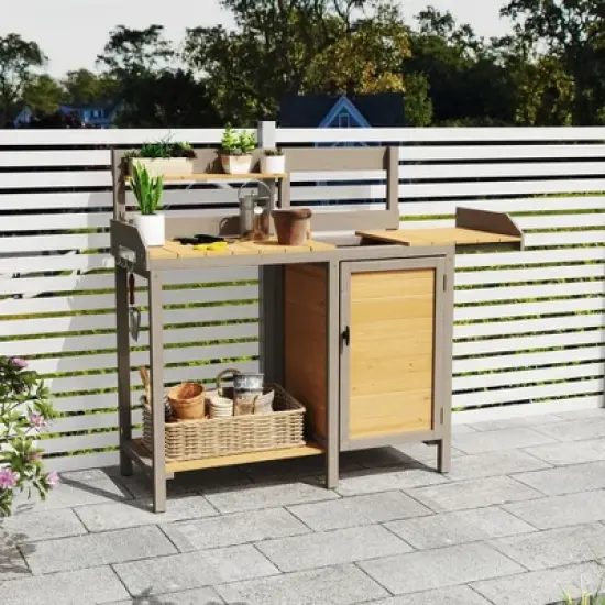 PAGED Potting Bench with Storage Cabinet and Open Shelves,Wood Farmhouse Outdoor Storage Cabinet,Potting Table for Garden,Backyard image {5}