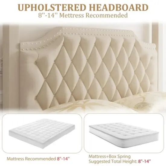 Upholstered Canopy Bed Frame Full Size with Headboard, Button Tufted, Nailhead Trim Design, No Box Spring Required image {4}